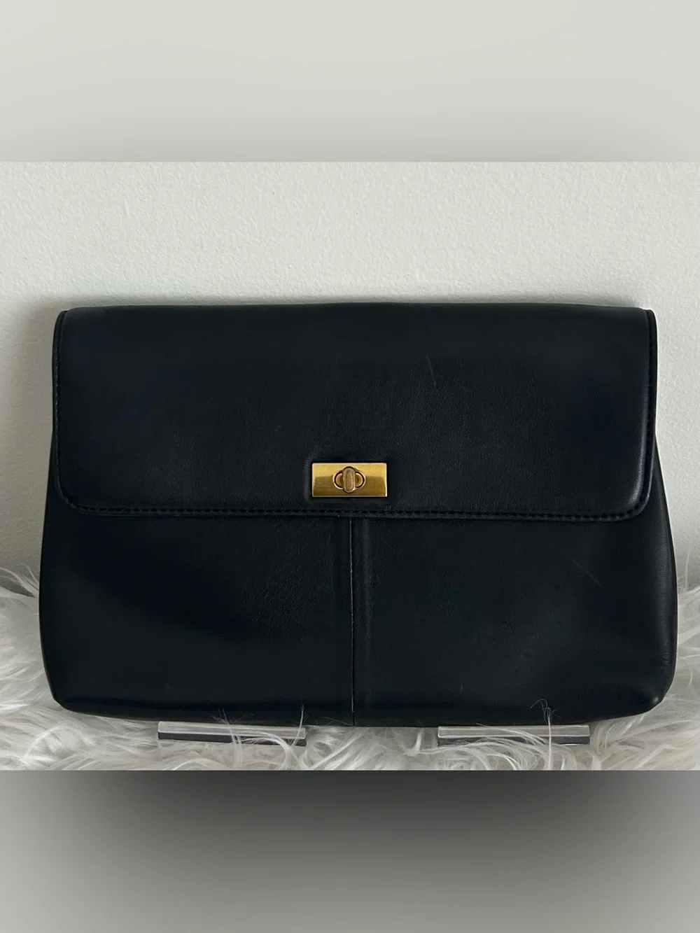 J.Crew Black Leather Turnlock Clutch Bag Convertible Shoulder Purse